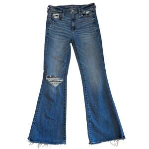 American Eagle Jeans Womens 6 Blue Super Hi Rise Flare Stretch Raw Hem Bohemian